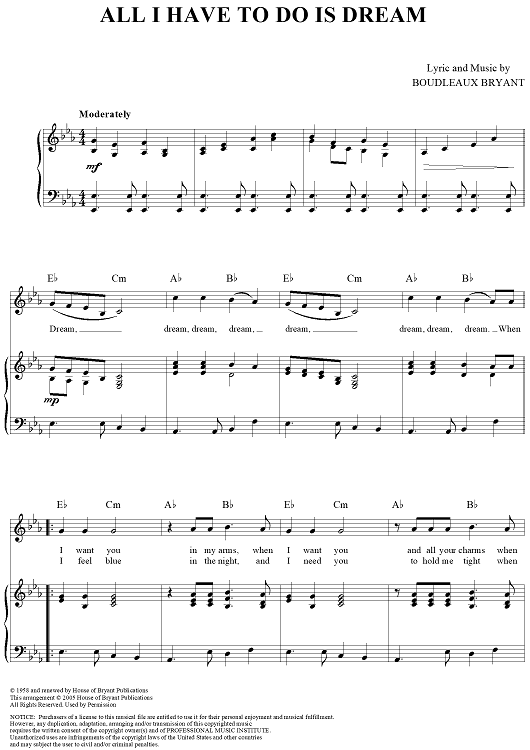All I Have to Do is Dream" Sheet Music by The Everly Brothers for Piano