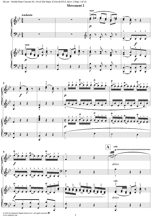 Double Piano Concerto No. 10 in E-flat Major, K316a (K365), Movement 2