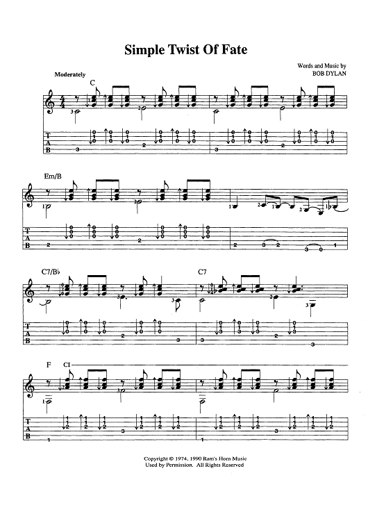 Simple Twist of Fate" Sheet Music by Bob Dylan for Guitar Tab/Chords