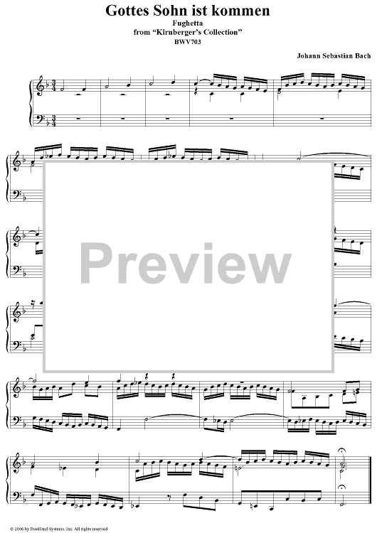 Gottes Sohn ist kommen, fughetta, from "Kirnberger's Collection", BWV703