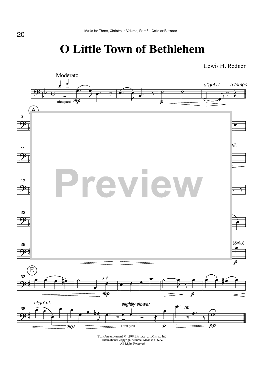 O Little Town of Bethlehem - Part 3 Cello or Bassoon