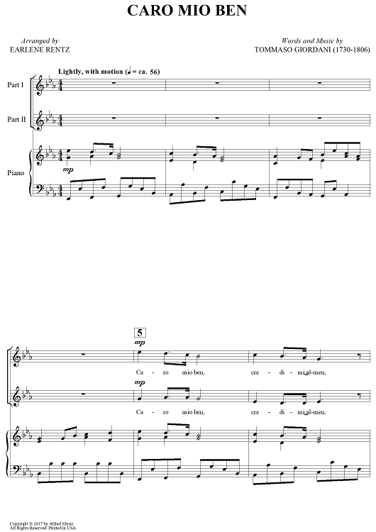 Sheet music cover for Caro Mio Ben for vocal duet and piano from Sheet Music Now