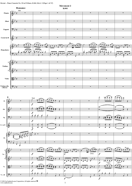 Piano Concerto No. 20 in D Minor, Movement 2 (K466) - Full Score
