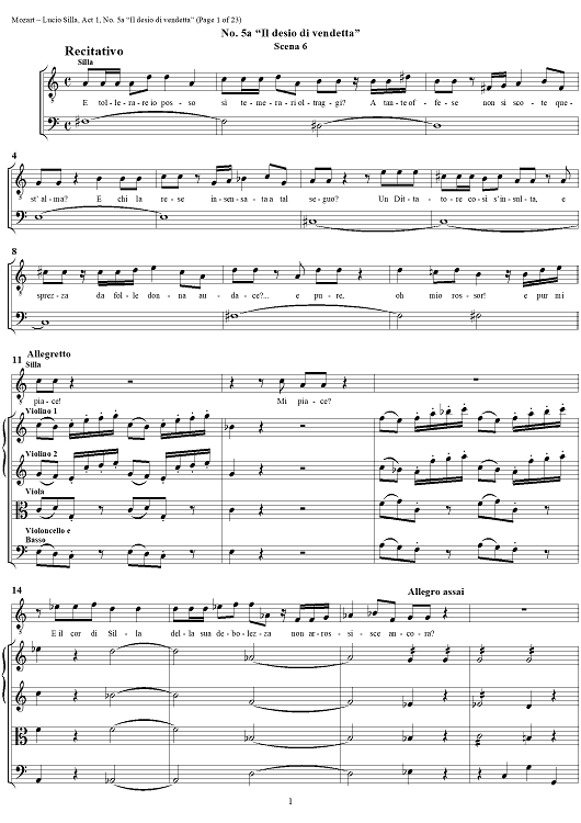 Recitative and Aria: Il desio di vendetta, No. 5 from "Lucio Silla", Act 1 - Full Score