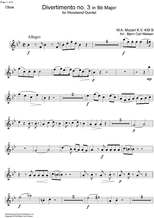 Divertimento No. 3 Bb Major KV439b - Oboe