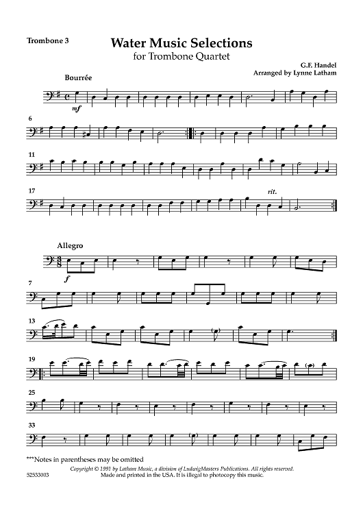 Water Music Selections for Trombone Quartet - Trombone 3