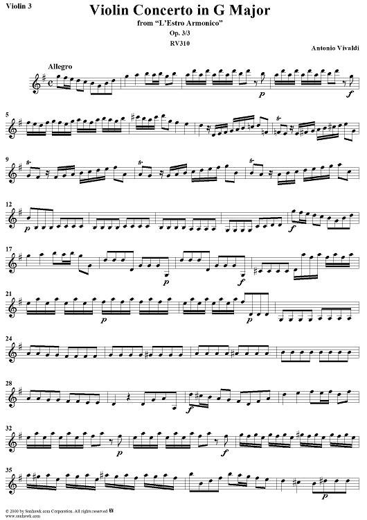 Violin Concerto in G Major    - from "L'Estro Armonico" - Op. 3/3  (RV310) - Violin 3