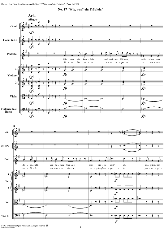 La Finta Giardiniera, Act 2, No. 17 "Wie, was? ein Fräulein" (Aria) - Full Score
