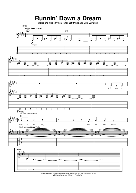 Runnin' Down A Dream" Sheet Music by Tom Petty for Guitar Tab Sheet