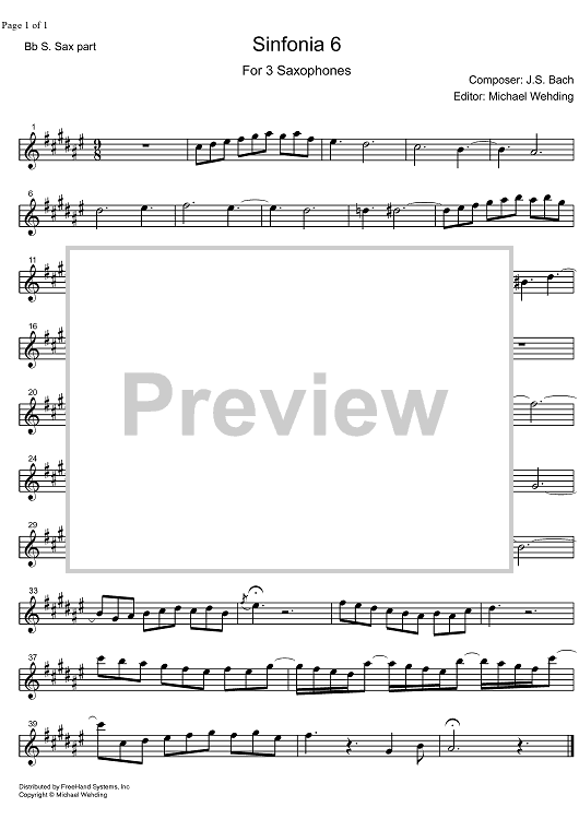 Three Part Sinfonia No. 6 BWV 792 E Major - B-flat Soprano Saxophone