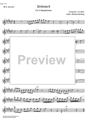 Three Part Sinfonia No. 6 BWV 792 E Major - B-flat Soprano Saxophone