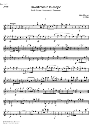 Divertimento No. 9 Bb Major KV240 - Oboe 1