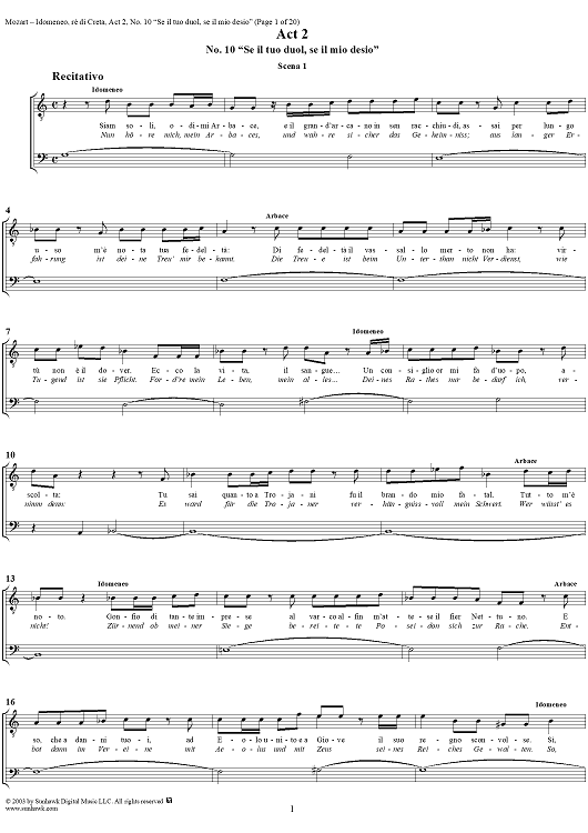 Idomeneo, rè di Creta, Act 2, No. 10 "Se il tuo duol, se il mio desio" - Full Score