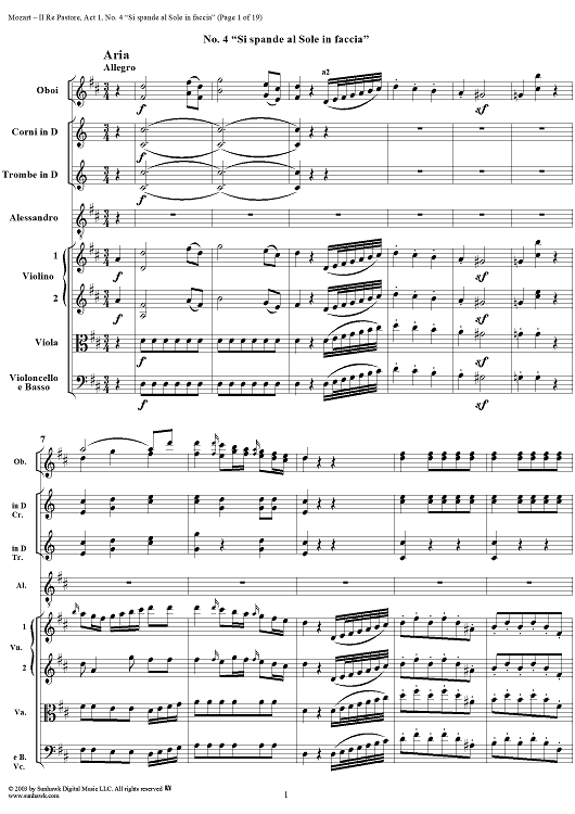 Si spande al sole in faccia, No. 4 from "Il Re Pastore", Act 1 (K208) - Full Score