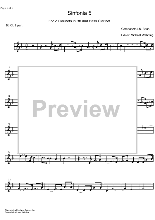 Three Part Sinfonia No. 5 BWV 791 Eb Major - B-flat Clarinet 2