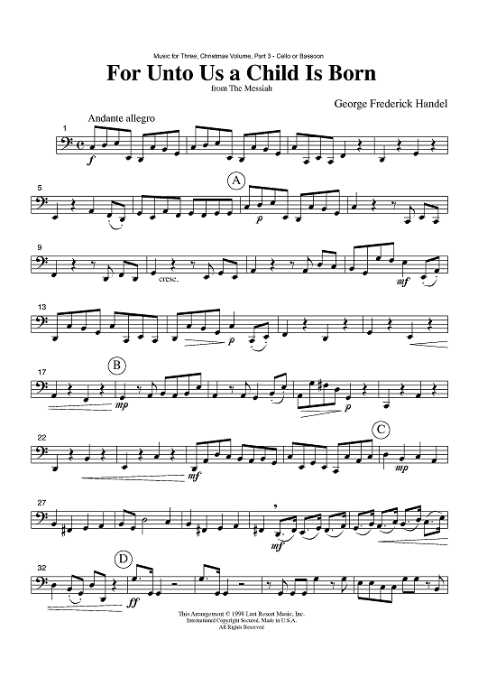 For Unto Us a Child Is Born - from The Messiah - Part 3 Cello or Bassoon