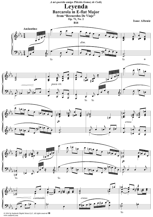 Recuerdos De Viaje, Op. 71: No. 2, Leyenda, Barcarola in E-flat Major