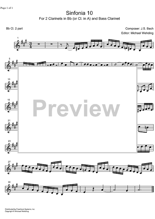 Three Part Sinfonia No.10 BWV 796 G Major - B-flat Clarinet 2