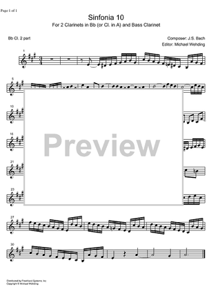 Three Part Sinfonia No.10 BWV 796 G Major - B-flat Clarinet 2