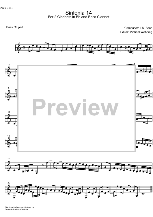 Three Part Sinfonia No.14 BWV 800 Bb Major - Bass Clarinet
