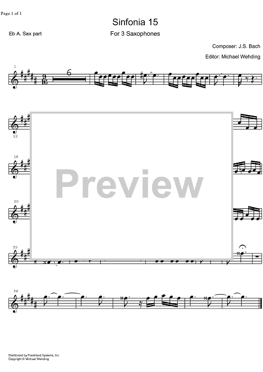 Three Part Sinfonia No.15 BWV 801 b minor - E-flat Alto Saxophone