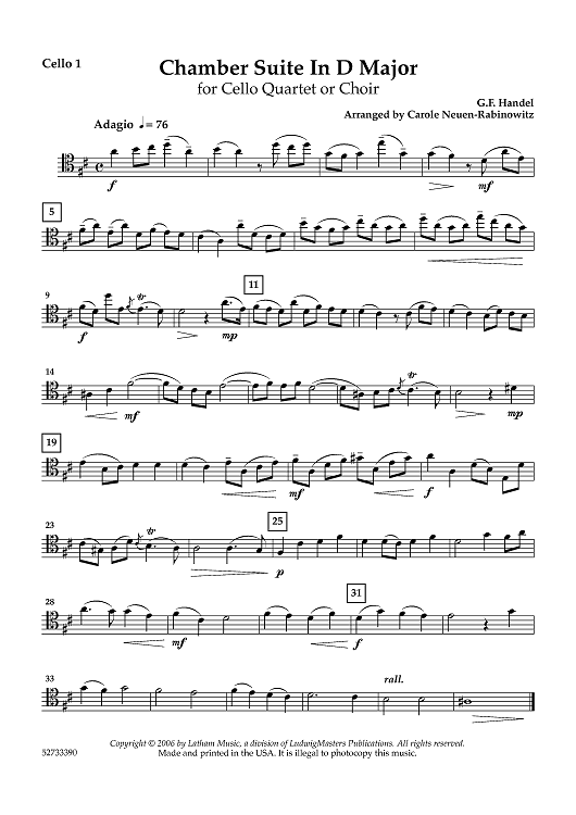 Chamber Suite in D Major for Cello Quartet or Choir - Cello 1