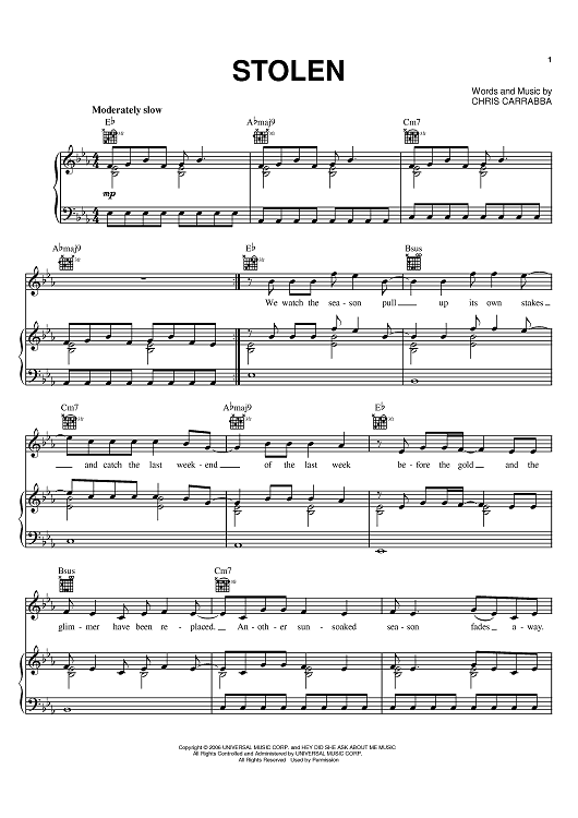 Stolen" Sheet Music by Dashboard Confessional for Piano/Vocal/Chords