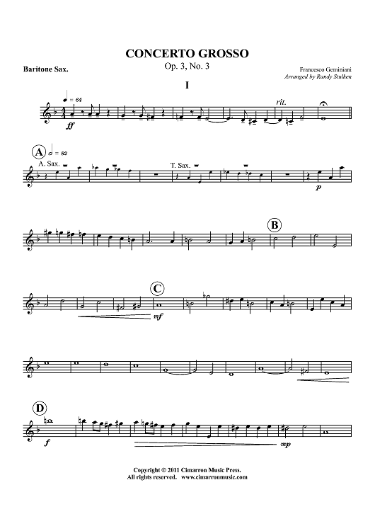 Concerto Grosso - Op. 3, No. 3 - Baritone Sax