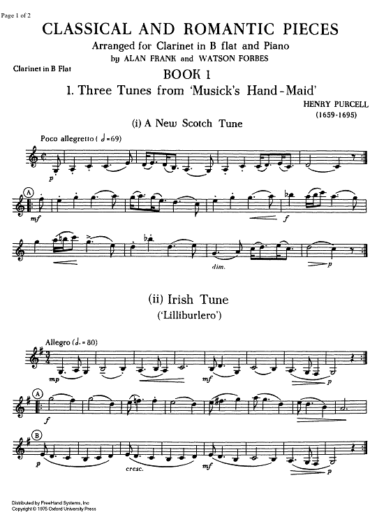 Three Tunes from Musicks Hand-Maid - Clarinet in B-flat