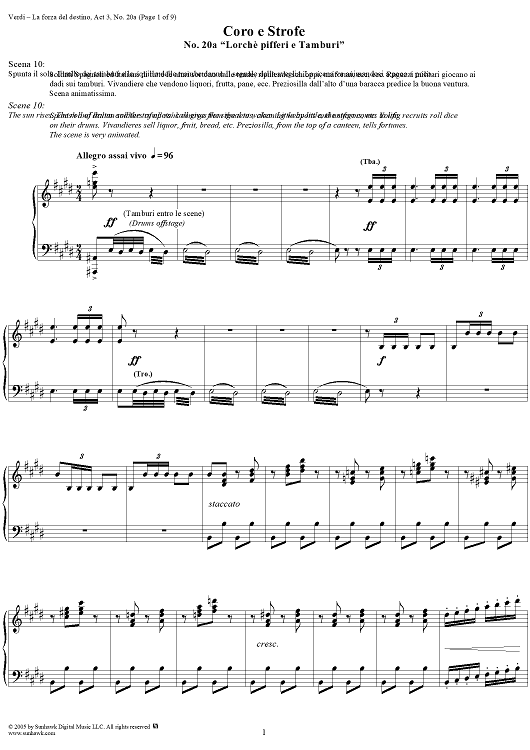 La forza del destino, Act 3, No. 20a, Chorus and Stanzas. "Lorchè pifferi e Tamburri" - Score