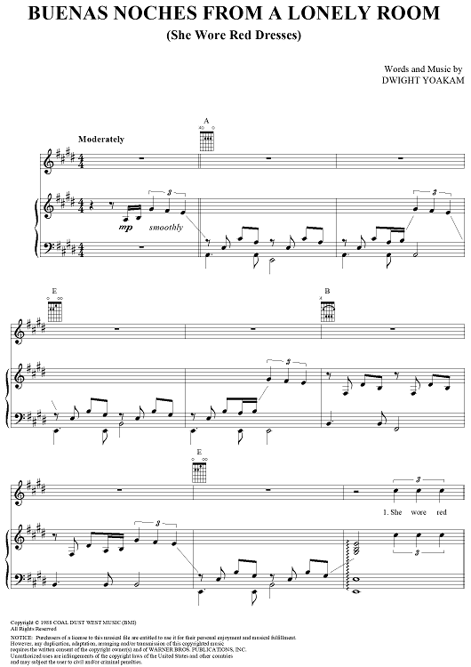 Buenas Noches From A Lonely Room" Sheet Music by Dwight David Yoakam  for Piano/Vocal/Chords