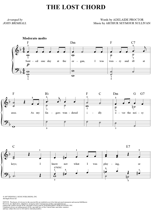 The Lost Chord" Sheet Music for Easy Piano/Vocal Sheet Music Now