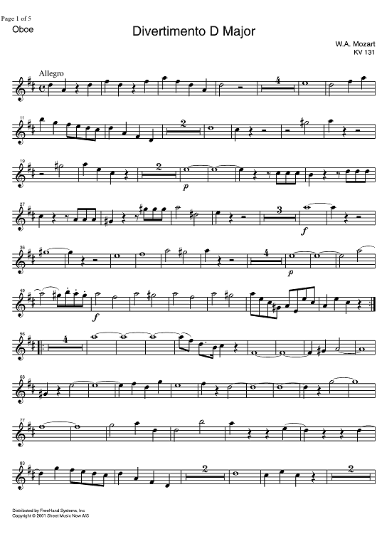 Divertimento No. 2 D Major KV131 - Oboe
