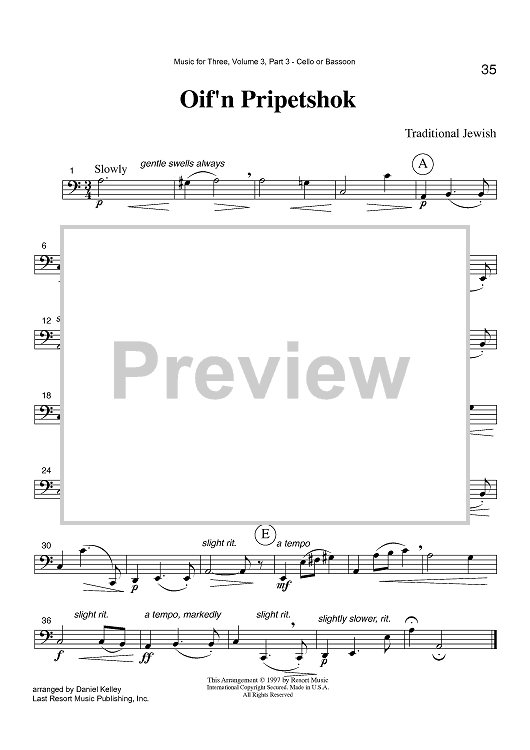 Oif'n Pripetshok - Part 3 Cello or Bassoon