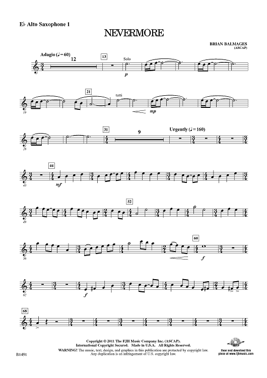 Nevermore Eb Alto Sax 1 Sheet Music for Concert Band