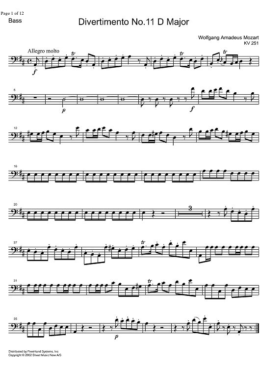 Divertimento No.11 D Major KV251 - Double Bass