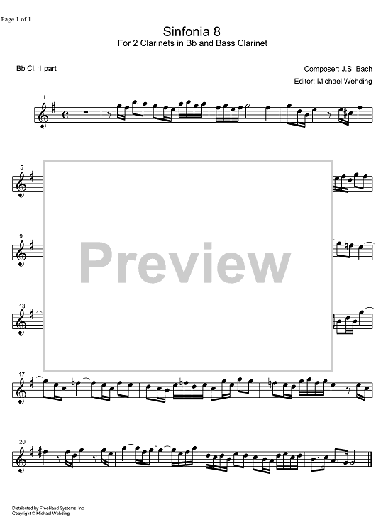 Three Part Sinfonia No. 8 BWV 794 F Major - B-flat Clarinet 1