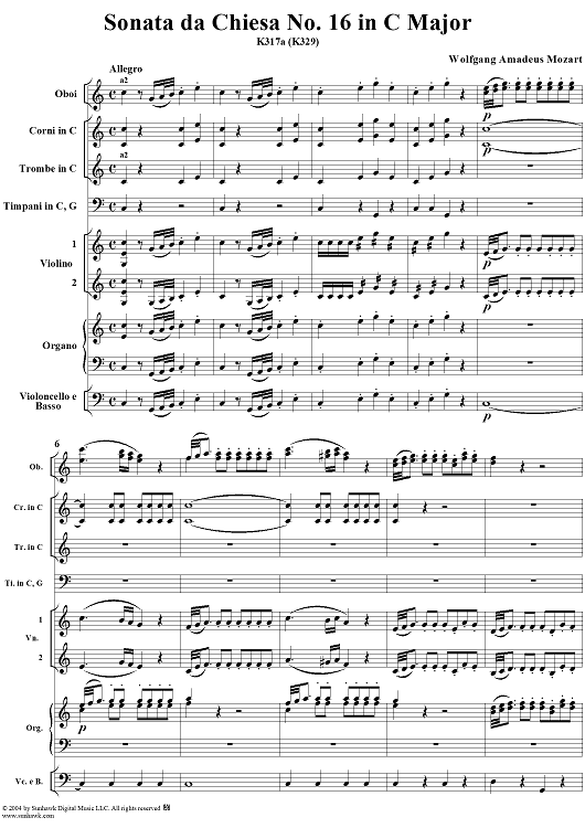 Sonata da Chiesa No. 16 in C Major, K317a (K329) - Full Score
