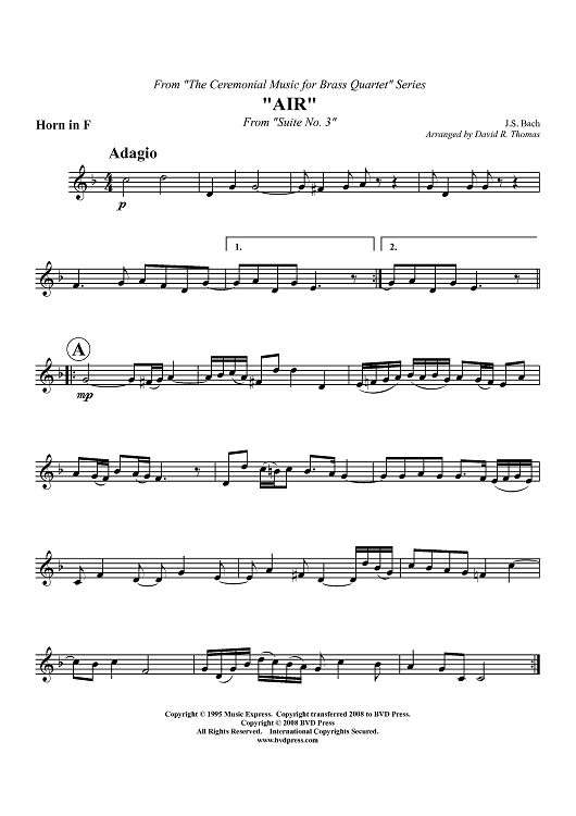 Air on the G String - Horn in F (plus optional part for Trombone)