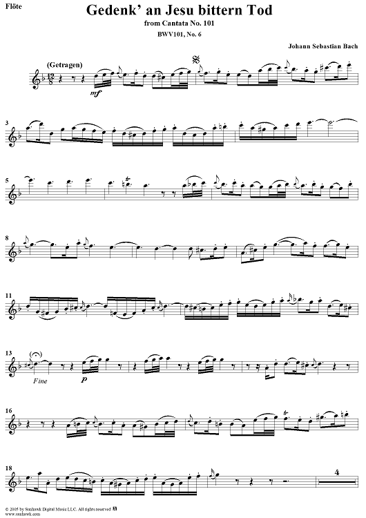 "Gedenk' an Jesu bittern Tod", Duet, No. 6 from Cantata No. 101: "Nimm von uns, Herr, du treuer Gott" - Flute or Violin