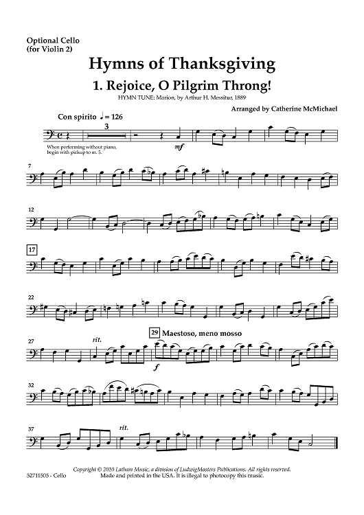 Hymns of Thanksgiving for 2 Violins and Piano - Optional Cello (for Violin 2)