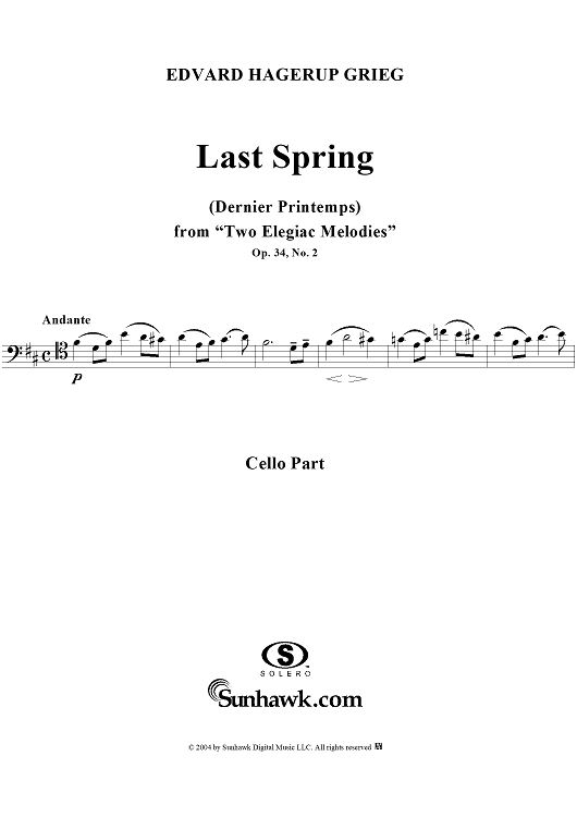 Last Spring, No. 2 from "Two Elegiac Melodies", Op. 34 - Cello
