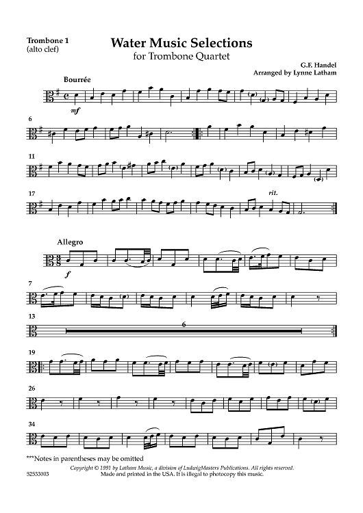 Water Music Selections for Trombone Quartet - Trombone 1 (alto clef)