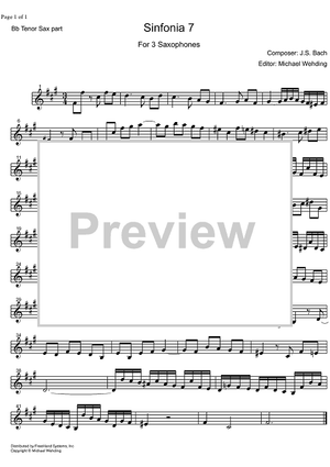 Three Part Sinfonia No. 7 BWV 793 e minor - B-flat Tenor Saxophone