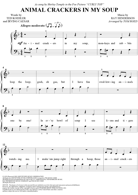 Animal Crackers In My Soup" Sheet Music by Shirley Temple for Easy Piano/Vocal Sheet Music Now