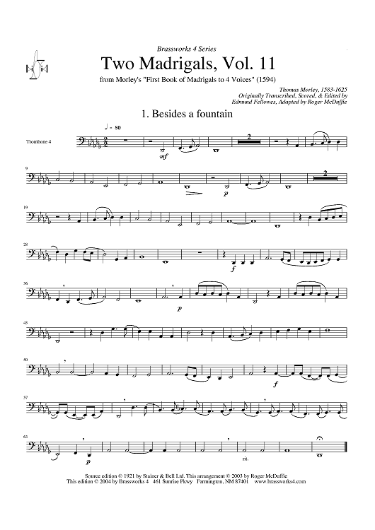 Two Madrigals, Vol. 11 - from Morley's "First Book of Madrigals to 4 Voices" (1594) - Trombone 4