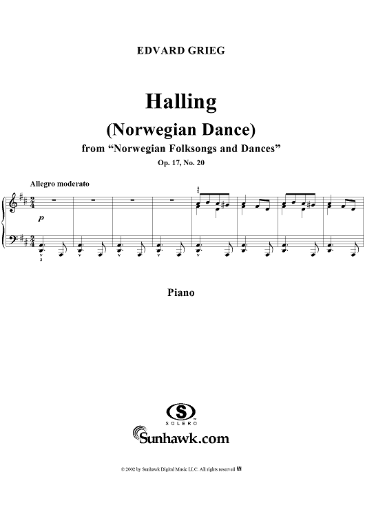 Norwegian Folksongs and Dances Op.17 No.20, Halling (Norwegian Dance),piano