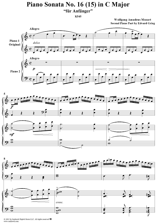 Piano Sonata No. 16 (15) in C Major, "für Anfänger," K545