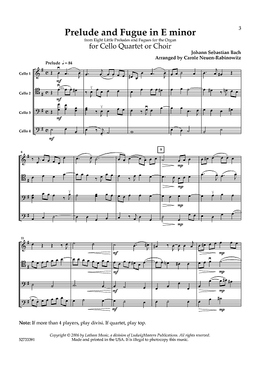 Prelude and Fugue for Cello Quartet or Choir - Score