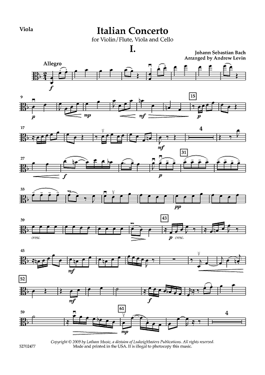 Italian Concerto for Violin/Flute, Viola and Cello - Viola